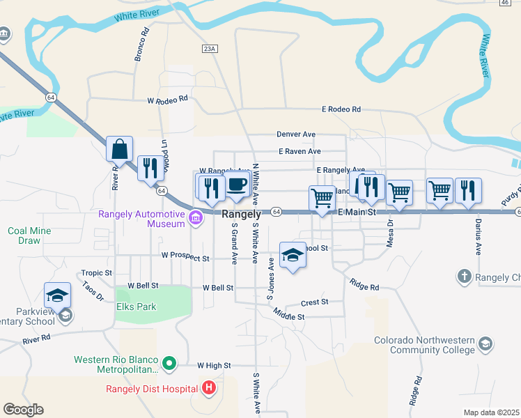 map of restaurants, bars, coffee shops, grocery stores, and more near 101 East Main Street in Rangely