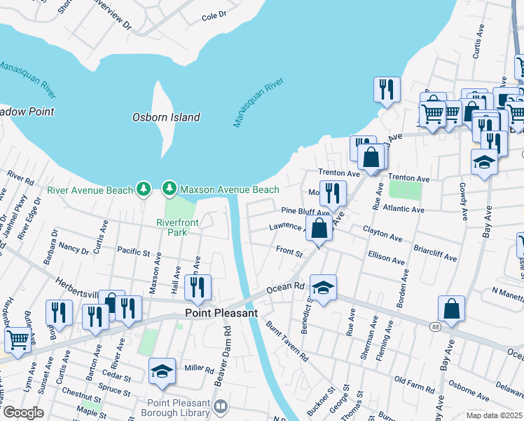 map of restaurants, bars, coffee shops, grocery stores, and more near 1153 Pine Bluff Avenue in Point Pleasant