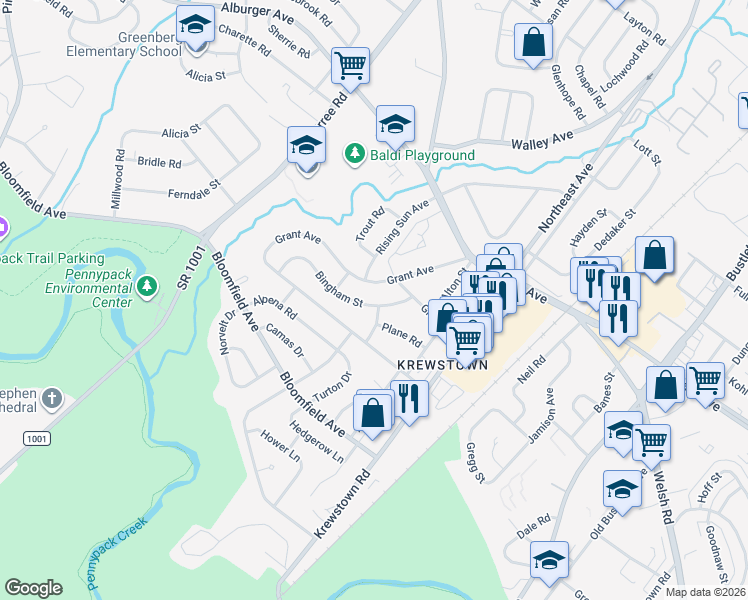 map of restaurants, bars, coffee shops, grocery stores, and more near 1128 Bingham Street in Philadelphia