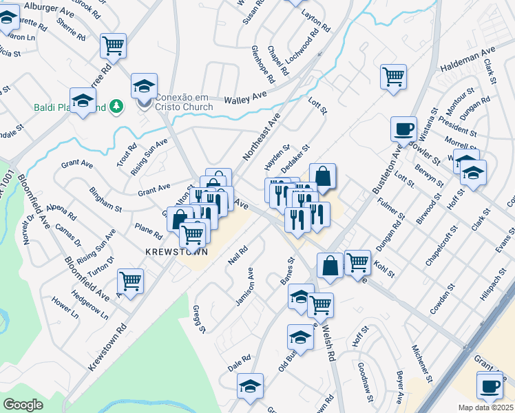 map of restaurants, bars, coffee shops, grocery stores, and more near 1525 Grant Avenue in Philadelphia