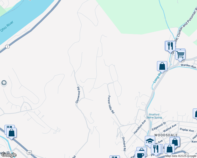 map of restaurants, bars, coffee shops, grocery stores, and more near 20 Windsor Court in Wheeling