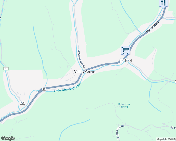 map of restaurants, bars, coffee shops, grocery stores, and more near 11386 National Road in Valley Grove