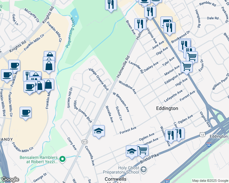 map of restaurants, bars, coffee shops, grocery stores, and more near 1573 West Bensalem Avenue in Eddington
