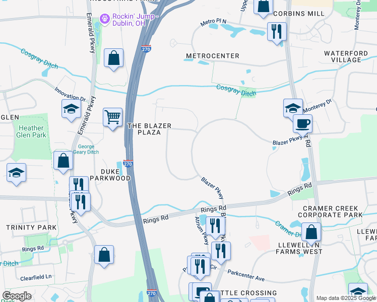 map of restaurants, bars, coffee shops, grocery stores, and more near 5200 Blazer Parkway in Dublin