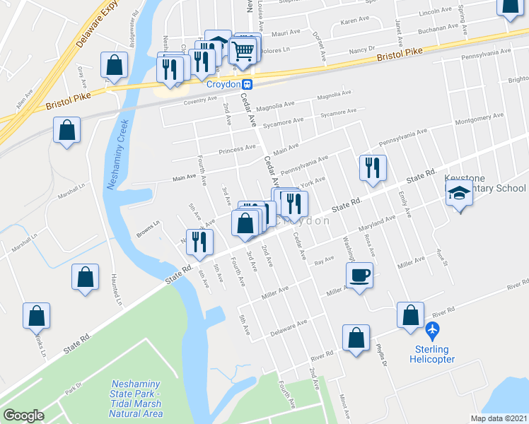 map of restaurants, bars, coffee shops, grocery stores, and more near 712 1st Avenue in Croydon