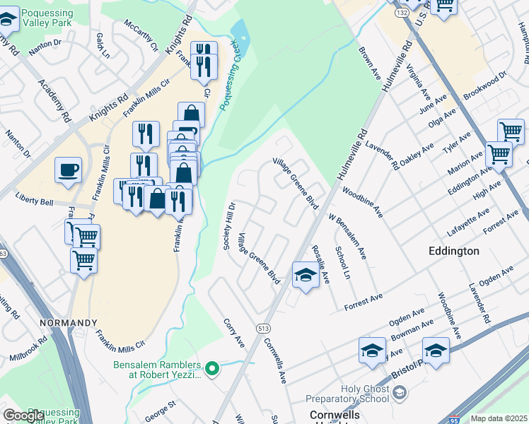 map of restaurants, bars, coffee shops, grocery stores, and more near 1421 Custom House Square in Bensalem