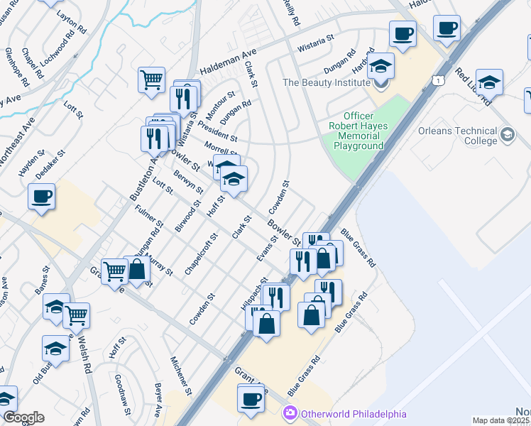 map of restaurants, bars, coffee shops, grocery stores, and more near 2109 Bowler Street in Philadelphia