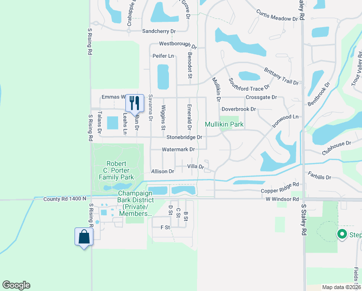 map of restaurants, bars, coffee shops, grocery stores, and more near 4711 Watermark Drive in Champaign
