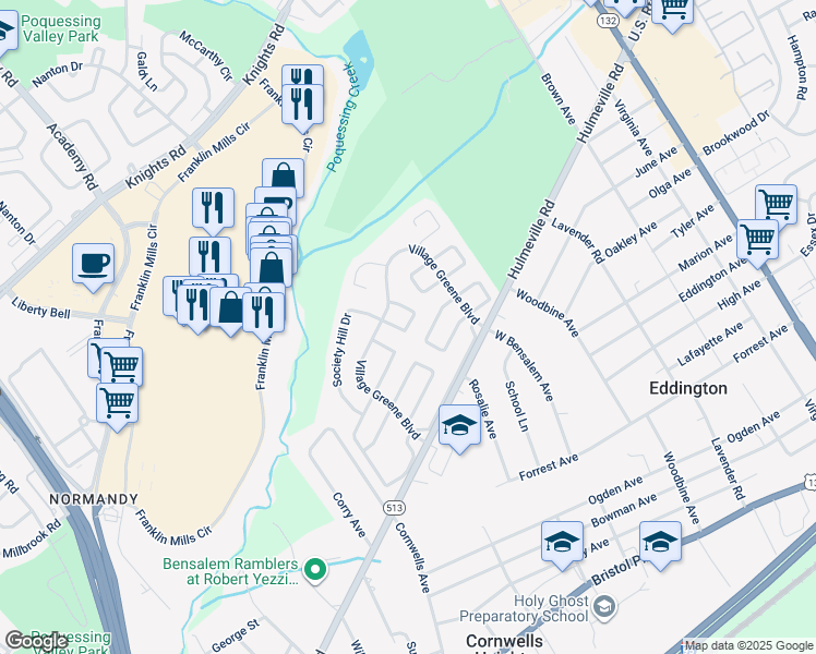 map of restaurants, bars, coffee shops, grocery stores, and more near 1440 Custom House Square in Bensalem