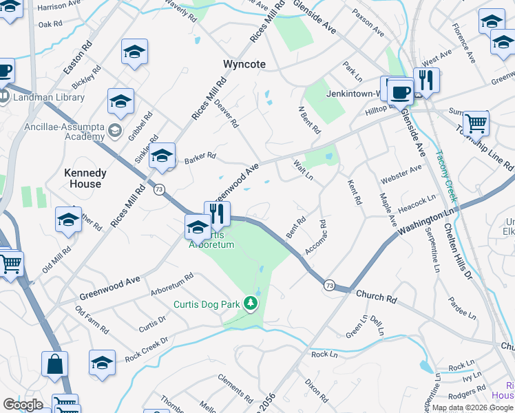 map of restaurants, bars, coffee shops, grocery stores, and more near 1249 Church Road in Wyncote