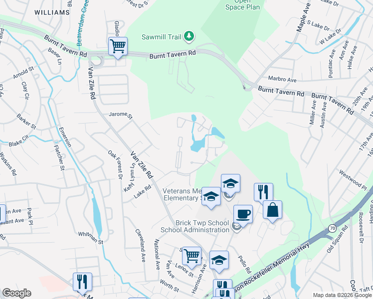 map of restaurants, bars, coffee shops, grocery stores, and more near 38 Northrup Drive in Brick Township