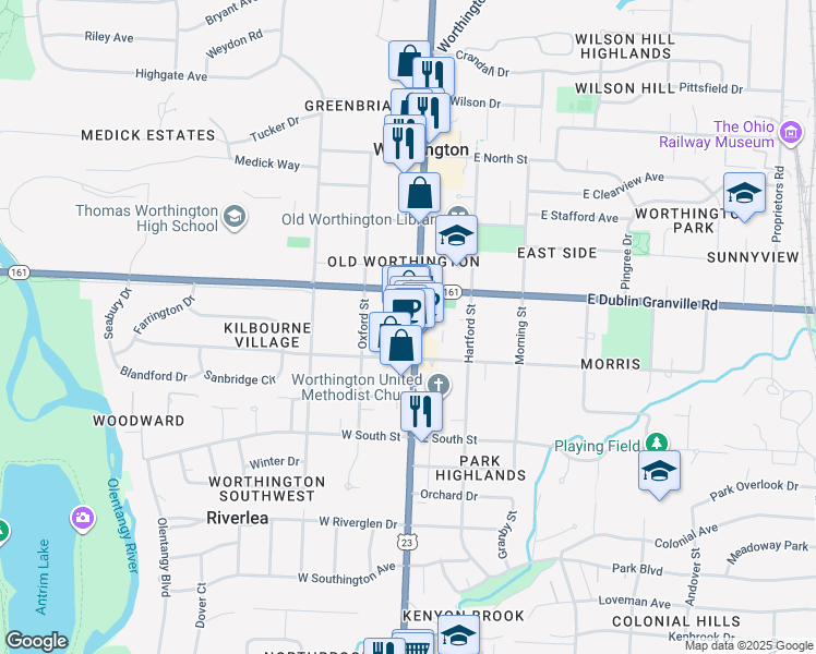 map of restaurants, bars, coffee shops, grocery stores, and more near 679 High Street in Worthington