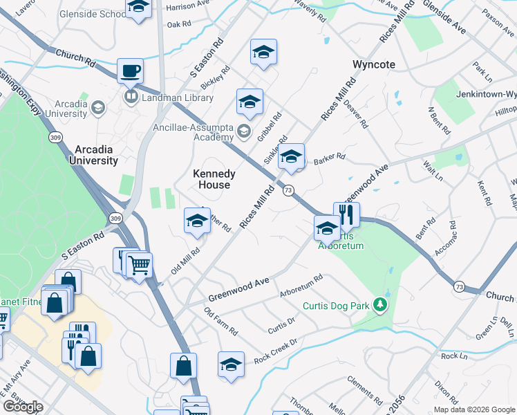 map of restaurants, bars, coffee shops, grocery stores, and more near 415 Rices Mill Road in Wyncote