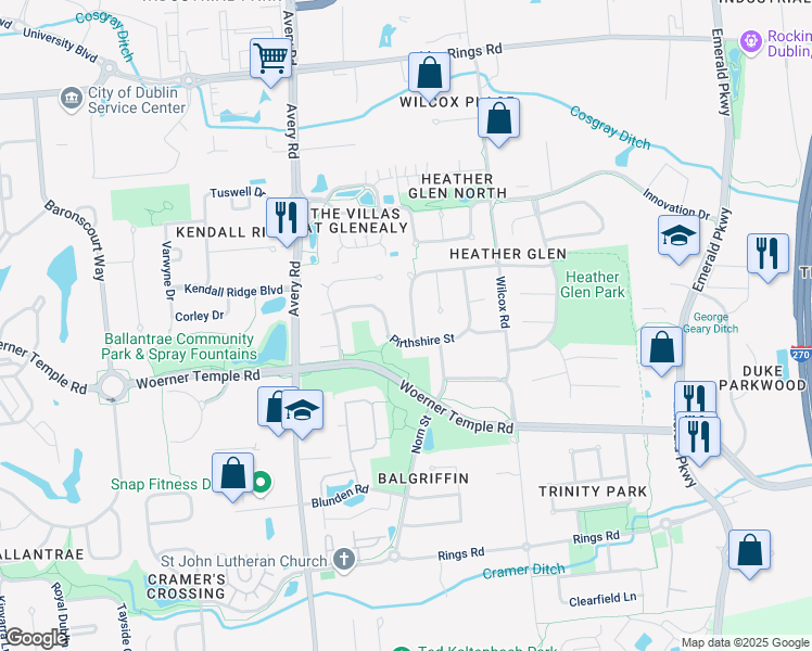 map of restaurants, bars, coffee shops, grocery stores, and more near 6150 Northcliff Boulevard in Dublin