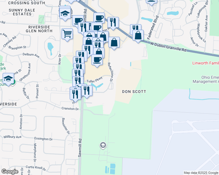map of restaurants, bars, coffee shops, grocery stores, and more near 6432 Reflections Drive in Dublin