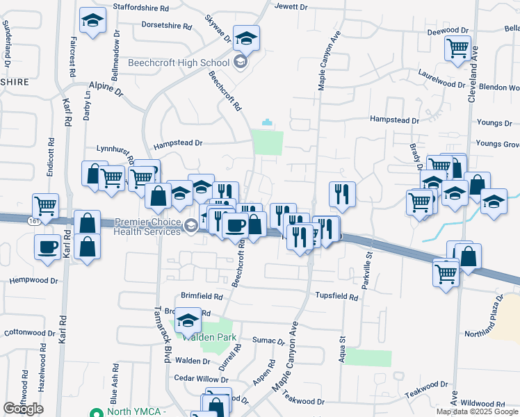 map of restaurants, bars, coffee shops, grocery stores, and more near 5765 Avenue Chateau Du Nord in Columbus