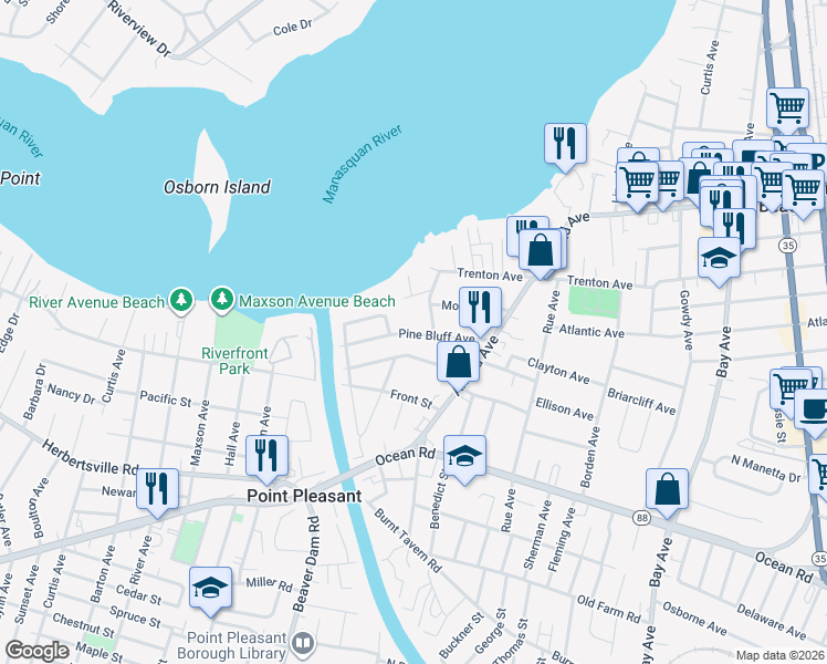 map of restaurants, bars, coffee shops, grocery stores, and more near 1136 Pine Bluff Avenue in Point Pleasant