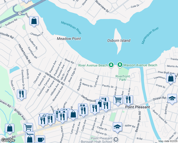 map of restaurants, bars, coffee shops, grocery stores, and more near 2622 River Road in Point Pleasant