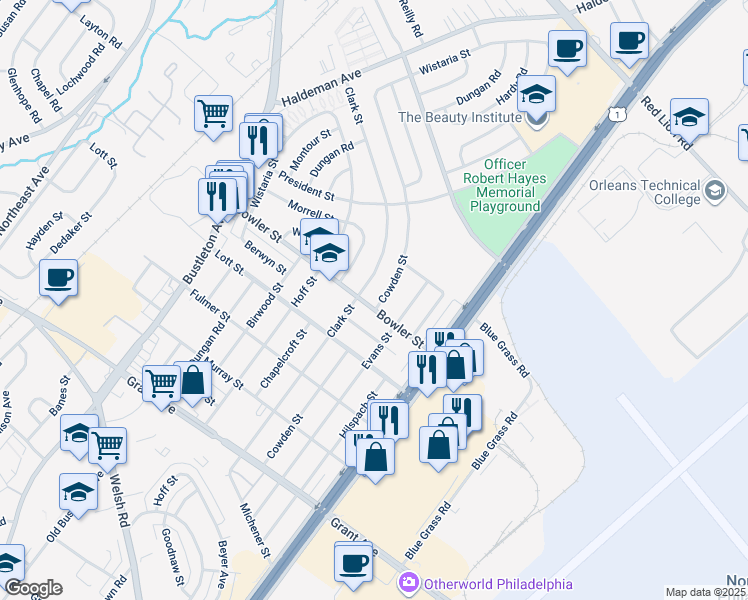 map of restaurants, bars, coffee shops, grocery stores, and more near 2109 Bowler Street in Philadelphia