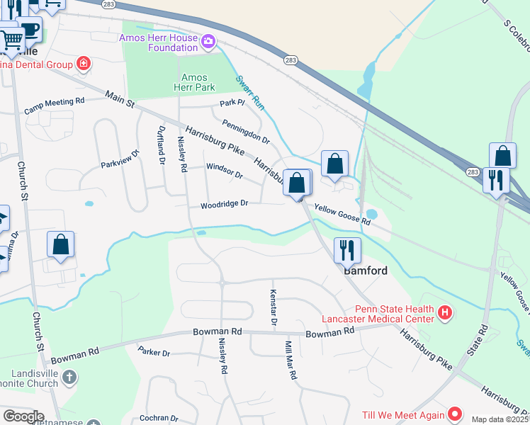 map of restaurants, bars, coffee shops, grocery stores, and more near 3020 Woodridge Drive in Landisville