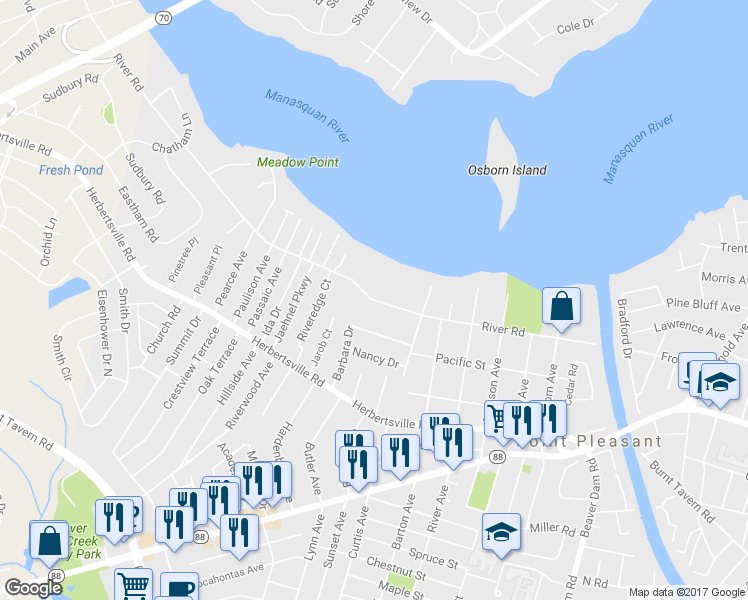 map of restaurants, bars, coffee shops, grocery stores, and more near 2622 River Road in Point Pleasant