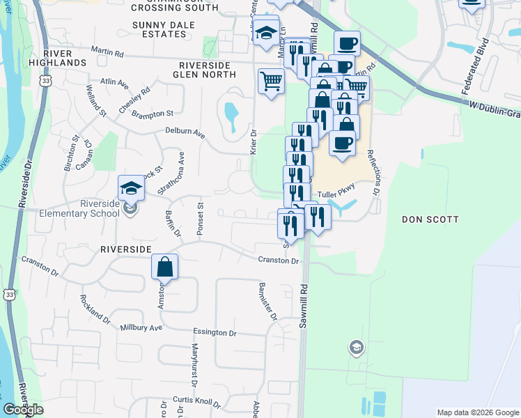 map of restaurants, bars, coffee shops, grocery stores, and more near 2976 Sawdust Lane in Dublin