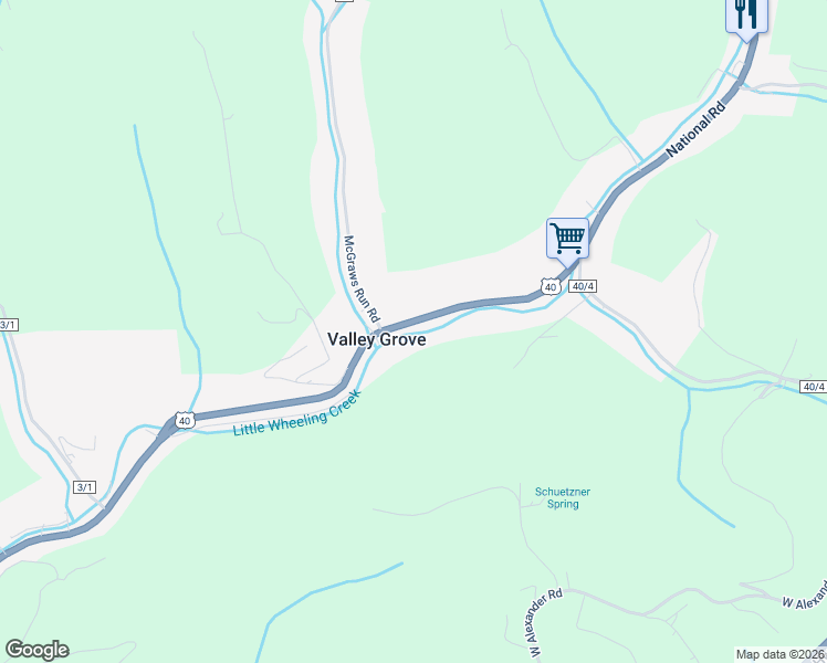 map of restaurants, bars, coffee shops, grocery stores, and more near 11386 National Rd in Valley Grove