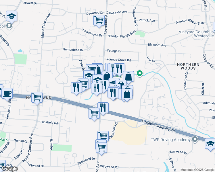 map of restaurants, bars, coffee shops, grocery stores, and more near 5898 Emporium Square in Columbus