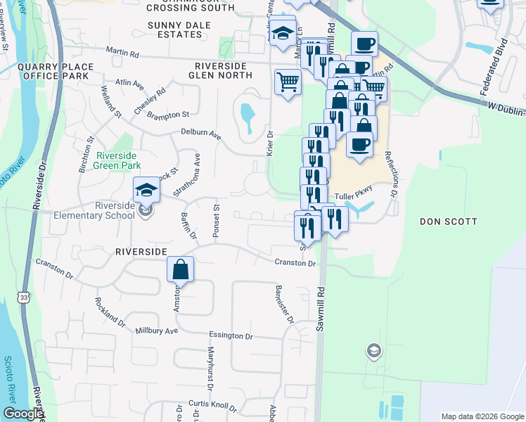 map of restaurants, bars, coffee shops, grocery stores, and more near 2992 Sawdust Lane in Dublin