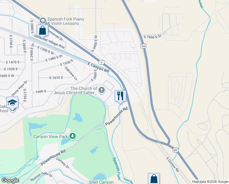 map of restaurants, bars, coffee shops, grocery stores, and more near 1709 Fairway Lane in Spanish Fork
