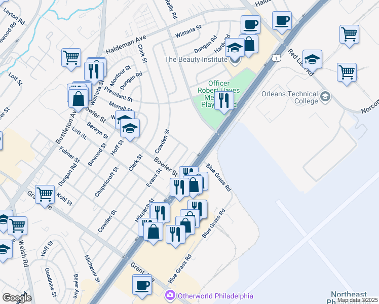 map of restaurants, bars, coffee shops, grocery stores, and more near 9778 Hilspach Street in Philadelphia