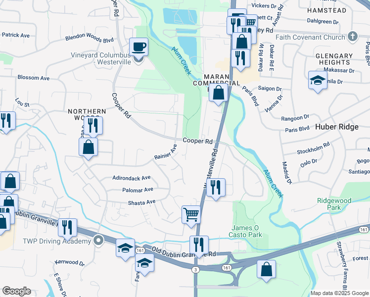 map of restaurants, bars, coffee shops, grocery stores, and more near 5710 Crossing Court in Columbus
