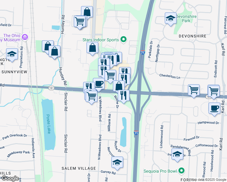 map of restaurants, bars, coffee shops, grocery stores, and more near 5900 Roche Drive in Columbus