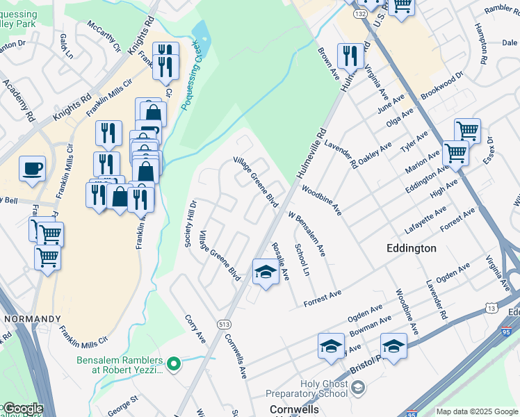 map of restaurants, bars, coffee shops, grocery stores, and more near 2437 New Market Square South in Bucks County