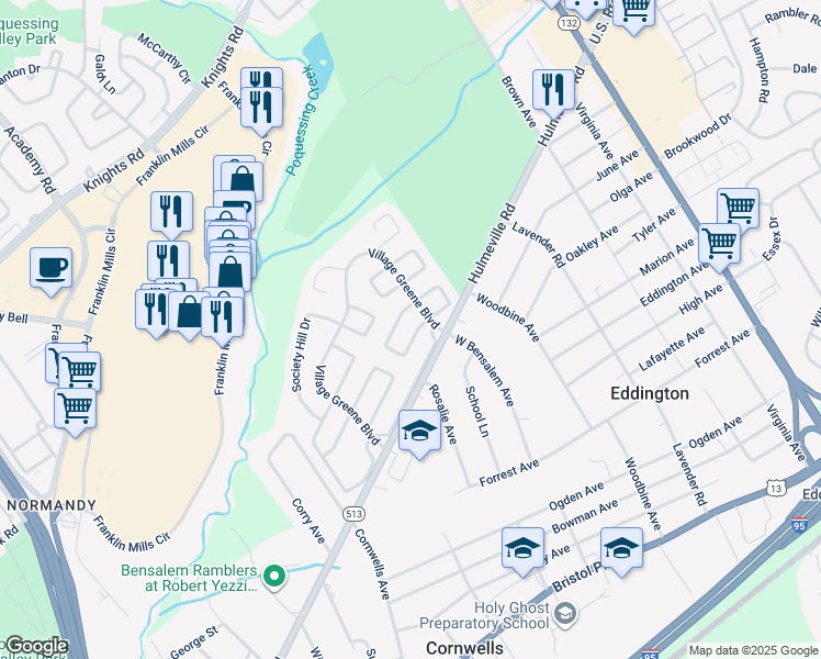 map of restaurants, bars, coffee shops, grocery stores, and more near 2437 New Market Square South in Bucks County