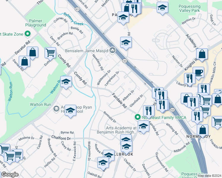 map of restaurants, bars, coffee shops, grocery stores, and more near 3837 Fairdale Road in Philadelphia