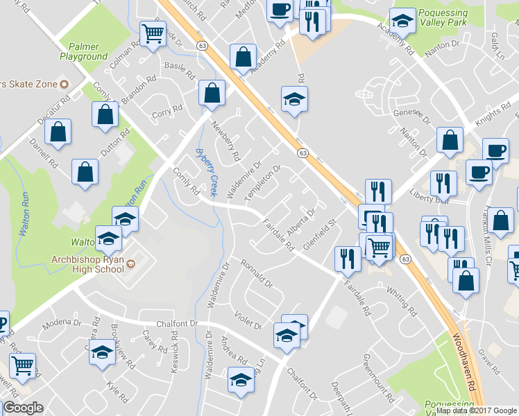 map of restaurants, bars, coffee shops, grocery stores, and more near 3837 Fairdale Road in Philadelphia