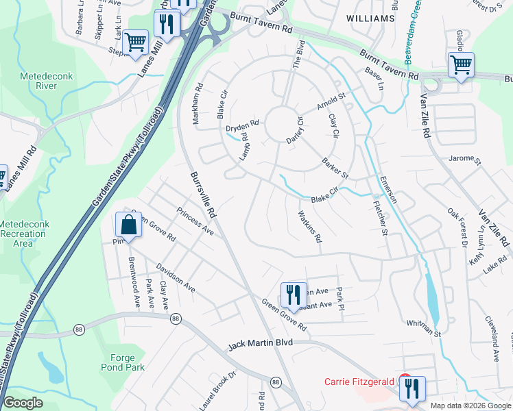 map of restaurants, bars, coffee shops, grocery stores, and more near 44 Sidney Court in Brick Township