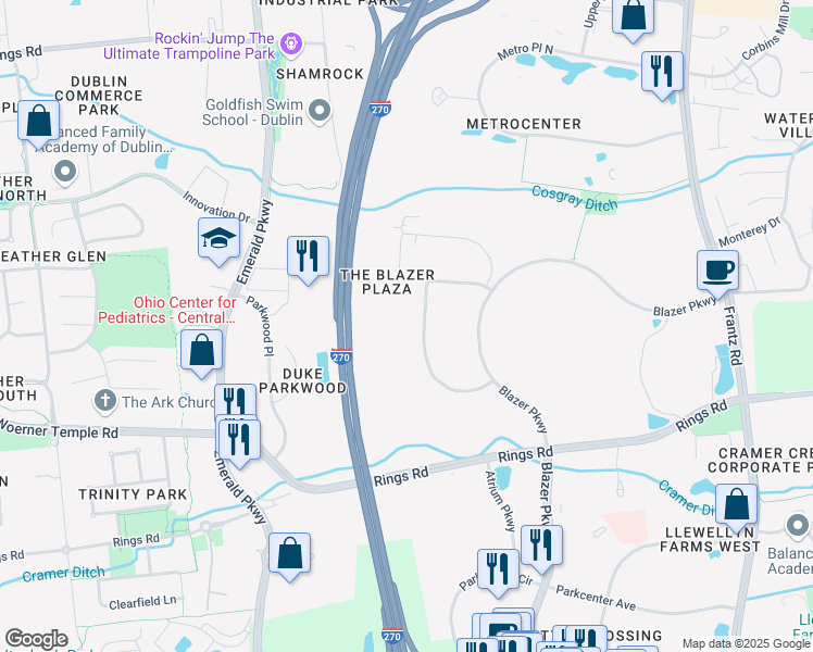 map of restaurants, bars, coffee shops, grocery stores, and more near 5200 Blazer Parkway in Dublin