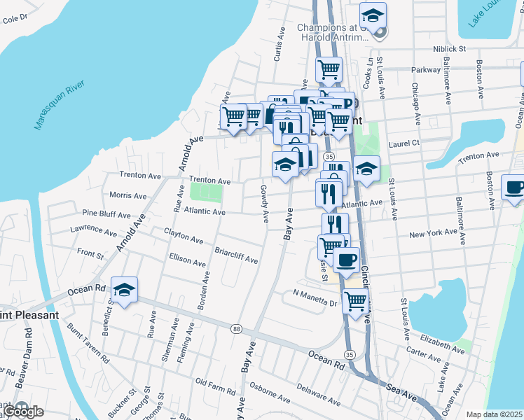 map of restaurants, bars, coffee shops, grocery stores, and more near 901 Gowdy Avenue in Point Pleasant Beach