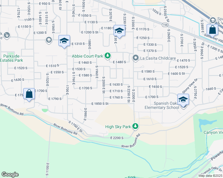 map of restaurants, bars, coffee shops, grocery stores, and more near 2077 East 1710 South in Spanish Fork