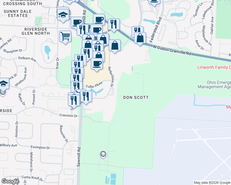 map of restaurants, bars, coffee shops, grocery stores, and more near 6418 Reflections Drive in Dublin