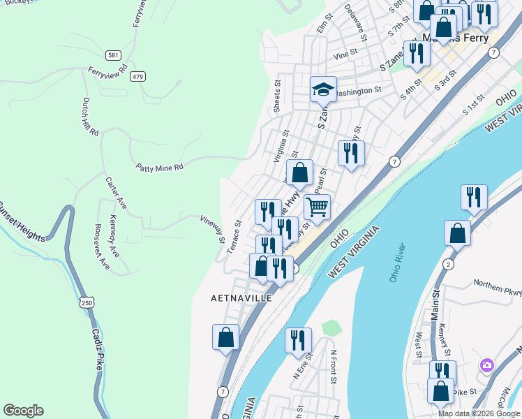 map of restaurants, bars, coffee shops, grocery stores, and more near 1203 Indiana Street in Martins Ferry