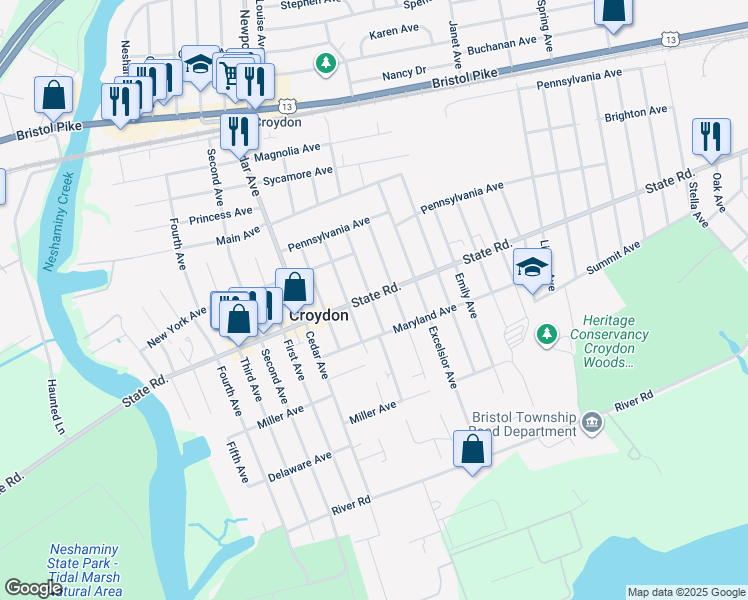 map of restaurants, bars, coffee shops, grocery stores, and more near 1114 State Road in Croydon