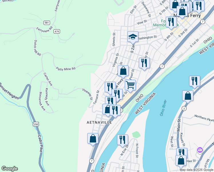 map of restaurants, bars, coffee shops, grocery stores, and more near 1200 Indiana Street in Martins Ferry