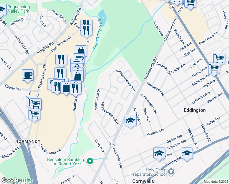 map of restaurants, bars, coffee shops, grocery stores, and more near 1421 Custom House Square in Bensalem