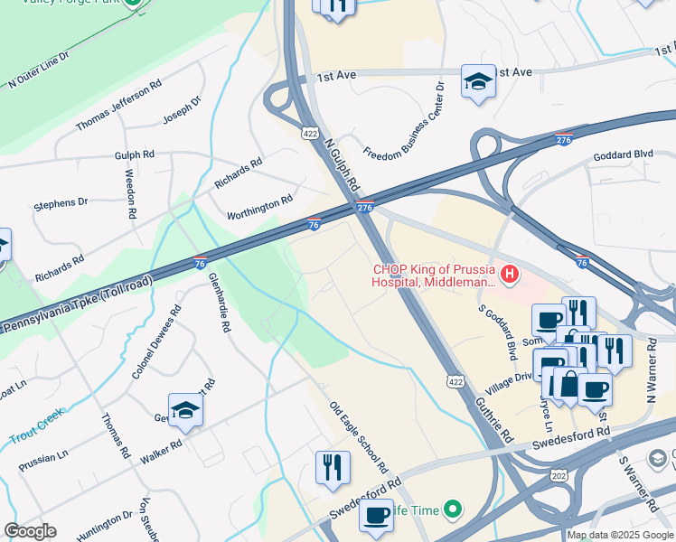 map of restaurants, bars, coffee shops, grocery stores, and more near 51 Drummers Lane in Wayne