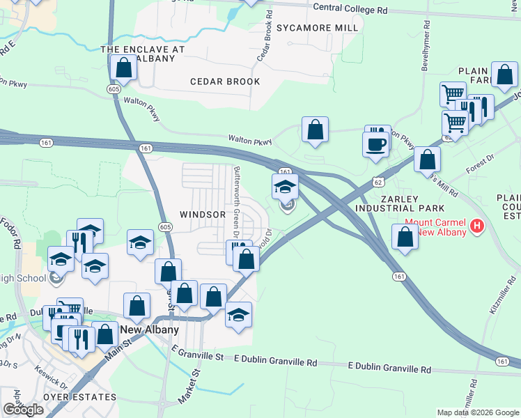 map of restaurants, bars, coffee shops, grocery stores, and more near 8254 Griswold Drive in New Albany