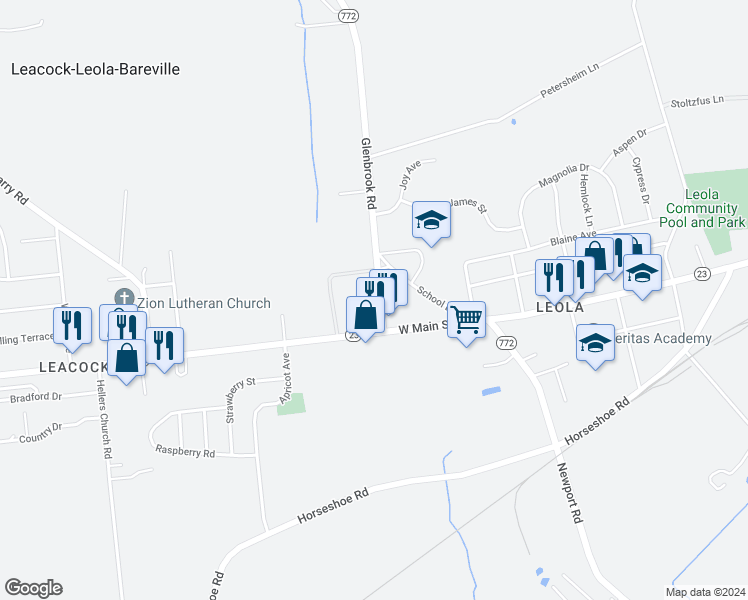 map of restaurants, bars, coffee shops, grocery stores, and more near 12 Glenbrook Road in Leacock-Leola-Bareville