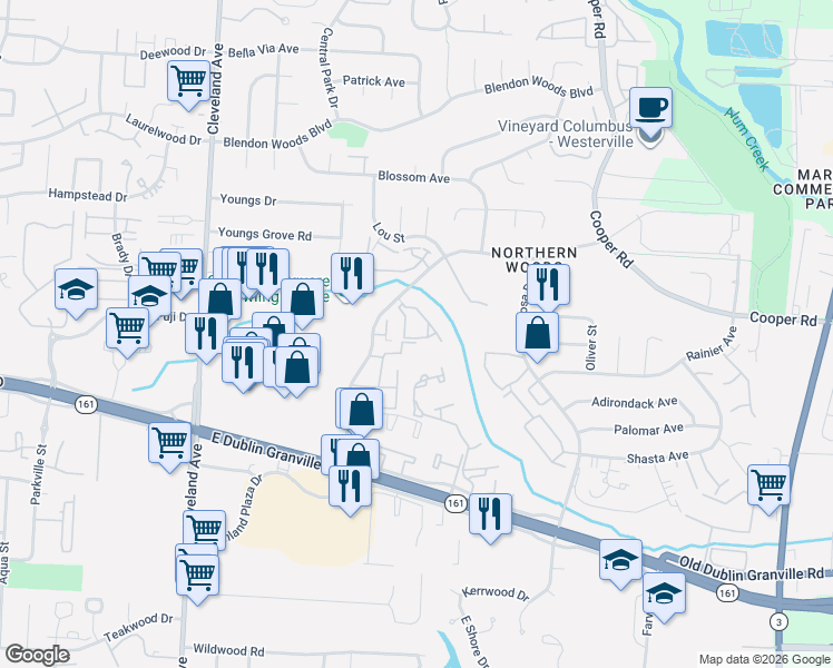 map of restaurants, bars, coffee shops, grocery stores, and more near 5668 Great Hall Court in Columbus